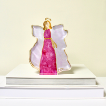 Load image into Gallery viewer, Pink Angel acrylic block art by Jeanne Player featuring soft pink, white, and gold angel artwork in a clear freestanding acrylic shelf sitter.
