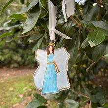 Load image into Gallery viewer, blue angel Christmas ornament printed on acrylic with white silk ribbon for hanging.

