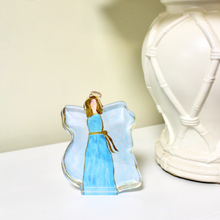 Load image into Gallery viewer, Christian blue angel acrylic block decor with uplifting angel artwork in soft blue, white, and gold tones for inspirational home styling.
