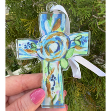 Load image into Gallery viewer, Christian Christmas cross ornament in blue green pink gold and white with double-sided artwork
