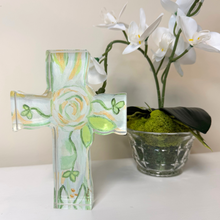 Load image into Gallery viewer, Christian acrylic block decor with abstract floral cross artwork in soothing green, gold, and white tones for elegant faith-inspired home styling.
