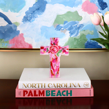 Load image into Gallery viewer, Meaningful Christian gift featuring a colorful floral cross on a clear acrylic display block.
