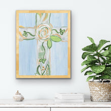 Load image into Gallery viewer, Elegant Christian cross artwork with delicate floral details and soft gold accents, created from Jeanne Player's original painting.
