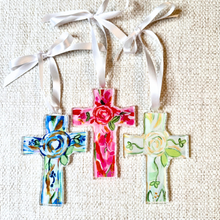Load image into Gallery viewer, Christian Christmas ornament featuring a colorful floral cross and message of hope and faith.
