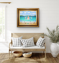 Load image into Gallery viewer, Whimsical coastal nursery wall art with children building sandcastles, sailboats on the water, and colorful umbrellas along the shoreline.
