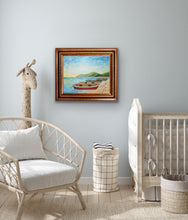 Load image into Gallery viewer, Coastal office art featuring a framed rowboat painting with textured acrylic brushwork and a sophisticated champagne gold frame.
