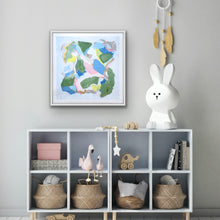 Load image into Gallery viewer, Fine art print featuring organic abstract shapes in blue, green, blush, tan, and gold on a soft background. Perfect for a nursery, girls room or femine space.
