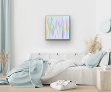Load image into Gallery viewer, Colorful abstract art print displayed as cheerful wall decor for a bedroom, dorm room or apartment. Pink, yellow, blue and green abstract artwork perfect for a colorful gallery wall or preppy home decor.
