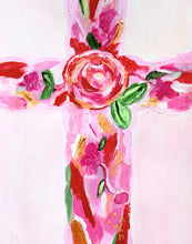 Load image into Gallery viewer, Religious cross art featuring abstract floral designs in a bright pink, red, green and gold color palette.
