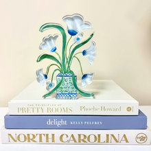 Load image into Gallery viewer, Colorful floral acrylic art block gift for her featuring elegant white flowers and vibrant blue and green designer-inspired patterns.
