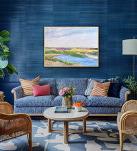 Load image into Gallery viewer, Modern coastal landscape giclée print by Jeanne Player showcasing a colorful abstract marsh scene with layered blues, greens, yellows, and blush tones for a serene living room, bedroom, or lake house interior.
