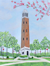 Load image into Gallery viewer, Officially licensed University of Alabama Denny Chimes fine art giclée print by Jeanne Player featuring the iconic bell tower on The Quad.
