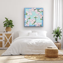 Load image into Gallery viewer, Large-scale pink floral wall art with abstract dogwood blossoms and painterly blue and viridian green background.
