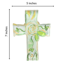 Load image into Gallery viewer, Faith Cross acrylic art block gift idea for Easter, baptisms, confirmations, or housewarmings featuring elegant abstract cross artwork. Contemporary Christian cross acrylic block art with layered green, gold, and white floral textures for modern faith-inspired interiors.
