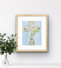 Load image into Gallery viewer, Faith Cross floral Christian giclée print featuring a hand-painted cross in soft blue, green, white, and gold tones by Jeanne Player.
