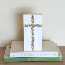 Load image into Gallery viewer, Hand-painted Christian cross artwork with colorful floral details and textured acrylic paint.
