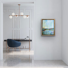 Load image into Gallery viewer, Original landscape artwork in soft blue, aqua, green, gold and earth tones inspired by a peaceful natural landscape.
