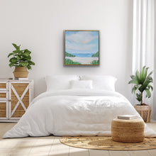 Load image into Gallery viewer, Sea Breeze 2 abstract beach artwork displayed in a thin gold float frame for elegant coastal home decor.
