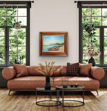 Load image into Gallery viewer, Framed coastal seascape painting with four vibrant rowboats, calm water, and warm island sunrise colors in a horizontal composition.
