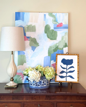 Load image into Gallery viewer, blue floral painting on canvas styled with abstract art and a chinoiserie bowl of hydangeas.
