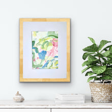 Load image into Gallery viewer, Small vertical abstract painting with pink, green, blue, and white painterly details.
