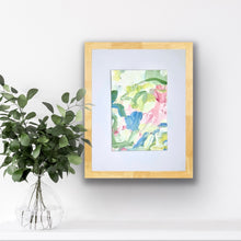 Load image into Gallery viewer, Garden Mosaic I original abstract painting by Jeanne Player featuring blue, green, pink, yellow, rose, and white acrylic brushstrokes on 5x7 hot press watercolor paper with 8x10 mat board.
