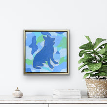 Load image into Gallery viewer, German Shepherd abstract dog painting by Jeanne Player featuring a colorful modern silhouette outlined in gold on canvas.
