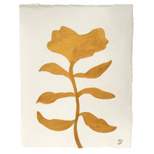 Load image into Gallery viewer, Contemporary gold botanical artwork featuring a hand-painted abstract flower in metallic gold on textured paper, timeless and refined decor.

