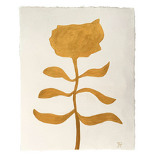 Load image into Gallery viewer, Contemporary gold botanical artwork featuring a hand-painted abstract flower in metallic gold on textured paper, timeless and refined decor.
