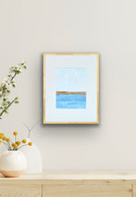 Load image into Gallery viewer, Close-up of Golden Blue abstract seascape showing layered blue water, a pale sky, and shimmering gold metal leaf along the horizon
