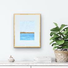 Load image into Gallery viewer, Golden Blue original blue and gold seascape painting displayed with a white mat and gold-toned frame

