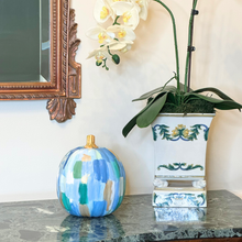 Load image into Gallery viewer, Hand-painted foam pumpkin in blue green gold and white for fall decorating
