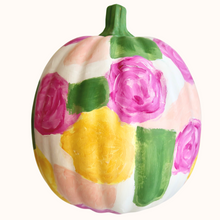 Load image into Gallery viewer, Hand-painted foam pumpkin in pink  flowers, green yellow and peach pastel colors for fall decor.
