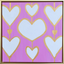 Load image into Gallery viewer, Heartstrings X original modern pop art heart painting featuring white hearts outlined in gold on a pink background.
