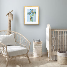 Load image into Gallery viewer, Hope Cross floral Christian wall art in blue, green, white, and gold displayed as meaningful nursery decor for a baby girl's room.
