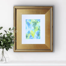 Load image into Gallery viewer, Vertical display of colorful abstract painting with layered yellow, blue, green, and white brushstrokes in a contemporary style.
