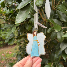 Load image into Gallery viewer, Elegant preppy angel ornament in blue and white tones perfect for Christian Christmas decorating.
