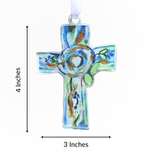 Load image into Gallery viewer, Blue and green acrylic cross ornament inspired by an original Hope Cross painting by Jeanne Player
