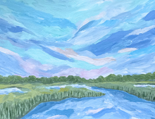 Load image into Gallery viewer, Elegant pastel landscape artwork inspired by Southern marsh scenery with optional gold bamboo frame.
