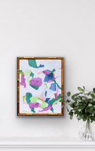 Load image into Gallery viewer, Jewel Box original abstract painting by Jeanne Player featuring vibrant pink, green, lime, blue, navy, and white brushstrokes in a gold bamboo frame
