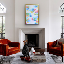 Load image into Gallery viewer, Jubilee 18 x 24 inch original colorful abstract painting by Jeanne Player displayed in an elegant gold float frame, styled in a sophisticated interior.
