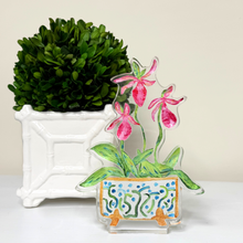Load image into Gallery viewer, Ladyslipper acrylic block featuring colorful botanical floral artwork with soft pink tones and modern painterly details.
