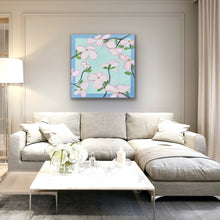 Load image into Gallery viewer, Original acrylic floral canvas painting with layered pink flowers and vibrant green foliage in a whimsical composition.
