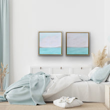 Load image into Gallery viewer, Line on the Horizon I original abstract coastal artwork by Jeanne Player featuring soft aqua water, a distant horizon, and a pale blush and ivory sky.
