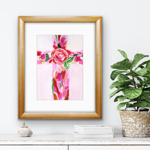 Load image into Gallery viewer, Love Cross giclée art print with a colorful Christian cross decorated with pink, red, green and gold floral designs.
