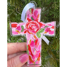 Load image into Gallery viewer, Front view of the Love Cross Christian Christmas ornament featuring vibrant floral cross artwork in pink, red, green, gold, and white

