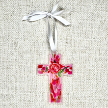 Load image into Gallery viewer, Love Cross Christmas ornament by Jeanne Player Fine Art featuring a colorful Christian cross in red, pink, green, gold, and white
