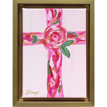 Load image into Gallery viewer, Grace &amp; Love original Christian cross painting on canvas in pink, red, white, green and gold with a gold float frame.

