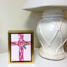 Load image into Gallery viewer, Original religious cross artwork on canvas measuring 5 by 7 inches with a gold float frame.
