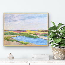 Load image into Gallery viewer, Colorful coastal abstract landscape giclée print titled Low Country by Jeanne Player featuring a Southern marsh with blue, green, yellow, blush pink, tan, and white tones.
